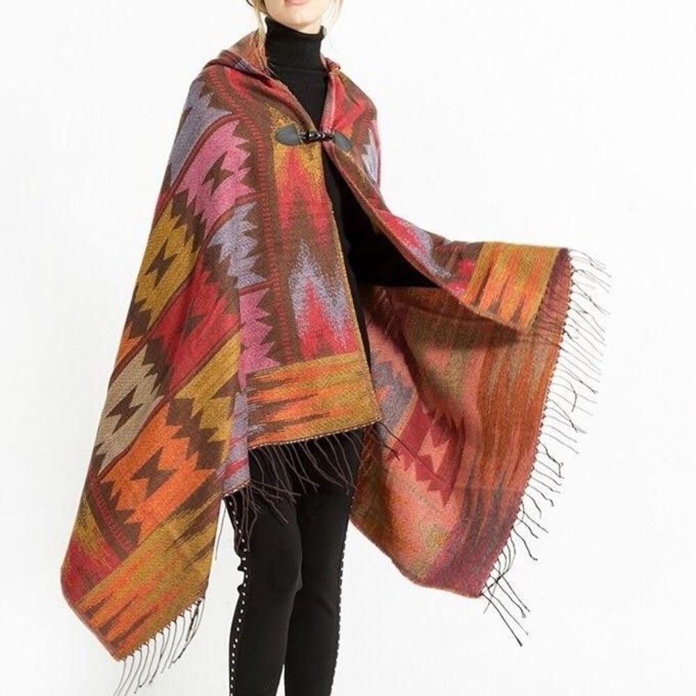Folk Style Fringed Poncho Cape Southwestern Aztec Print Hooded Earthy Festival